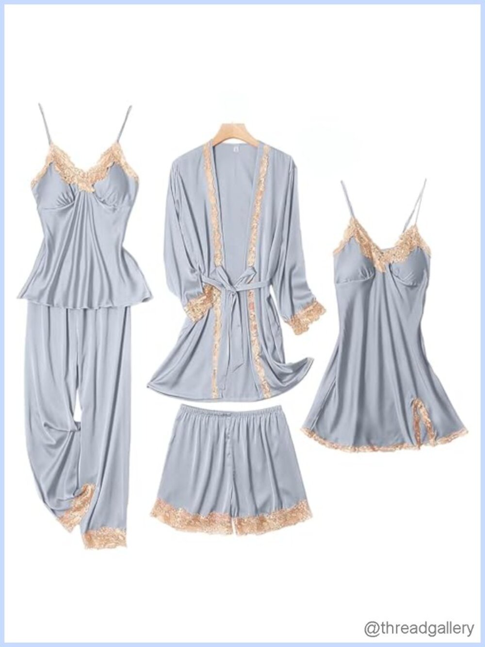 5pc Silk Pajama Set Lace Cami Robe Shorts Pants Loungewear Sleepwear